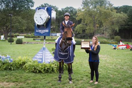 Longines FEI World CupTM Jumping North American league, New York (18 September 2016), Kent Farrington (USA) and Gazelle, winners of the qualifier of this exciting league were presented with a Longines watch by Kristina Hovelos, Events Manager from Longines. Photo RedBayStock.com/FEI