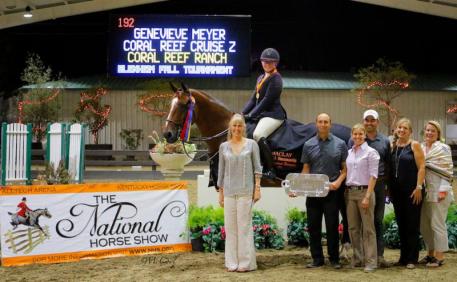 Genevieve Meyer pictured with her mother Gwendolyn, trainers Vinton & Ann Karrasch,  groom Armando, Melissa Brandes of Blenheim EquiSports and Laura Rombauer,  CP National Horse Show representative