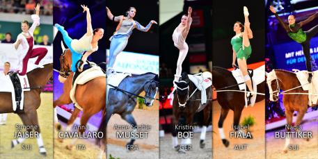L to R) Simone Jaïser (SUI), Anna Cavallaro (ITA), Anne Sophie Musset (FRA), Kristina Boe (GER), Isabel Fiala (AUT) and Nadja Buttiker (SUI) will all be chasing the Female title when the FEI World Cup™ Vaulting 2015/2016 Final gets underway in Dortmund (GER) on Thursday 3 March.