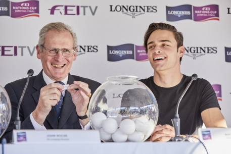 FEI Jumping Director John Roche and rider, model and social media influencer Mattia Harnacke at the draw for the Longines FEI Nations Cup™ Jumping Final 2017 in Barcelona (ESP) this evening.