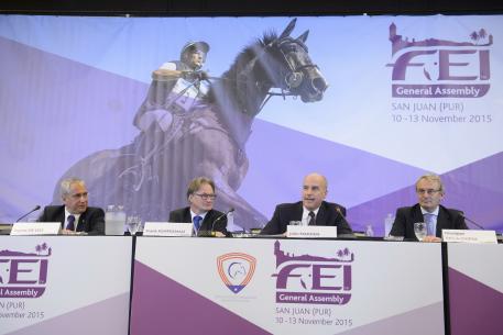 Olympic formats were the focus of today’s session at the FEI General Assembly in San Juan (PUR), with FEI President Ingmar De Vos (left) leading discussions with National Federations on proposed changes to Olympic competition formats. The three Olympic discipline Chairs, Frank Kemperman (Dressage), John Madden (Jumping) and Giuseppe Della Chiesa (Eventing) detailed the proposals to delegates.