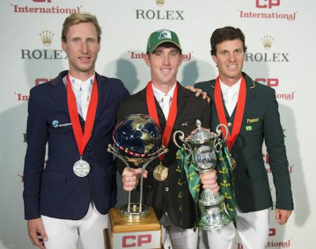 Pieter Devos, Scott Brash and Pedro Veniss after taking top three in the .5 Million CP International, presented by Rolex  