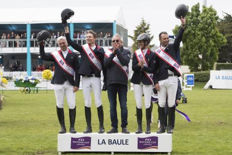 (L to R) BOST Roger Yves, STAUT Kevin,Chef d'Equipe: GUERDAT Philipe,LEPREVOST Penelope,ANGOT Cedric