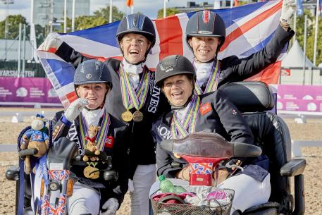 Great Britain take gold in the Para Dressage Team Competition at the Longines FEI European Championships 2017 in Gothenburg, Sweden. From left to right: Susanna Hext (Grade III), Erin Orford (Grade III), Julie Payne (Grade I) and Sophie Wells (Grade V).  