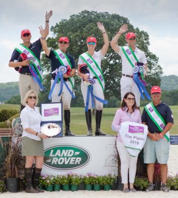 (From L to R): Winning U.S. Eventing Team; Boyd Martin, Phillip Dutton, Lauren Kieffer and Clark Montgomery on the podium with Helen McDonald and Deborah Sandford for Land Rover North America and U.S. Chef d'Equipe, David O'Connor 