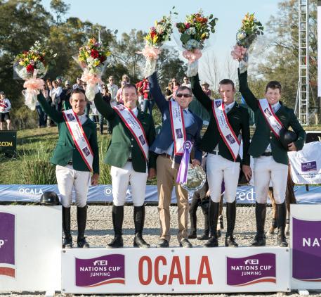 Team Ireland won the second leg of the FEI Nations Cup™ Jumping 2017 series at Ocala (USA) today. L to R: Kevin Babington, Cian O’Connor, Chef d’Equipe Michael Blake, Richie Moloney and Shane Sweetnam.