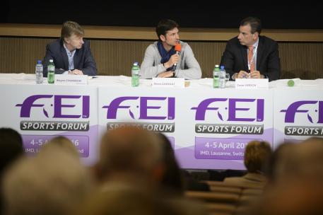 Olympic champion Steve Guerdat (SUI), centre, speaking on the panel during session three of the FEI Officials’ appointment and remuneration at today’s FEI Sports Forum in IMD, Lausanne, with Wayne Channon (GBR), rapporteur, and fellow panelist Cesar Hirsch (VEN).