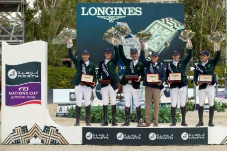 Team Brazil’s Rodrigo Pessoa, Stephan de Freitas Barcha, Yuri Mansur and Pedro Veniss, led by Chef d’Equipe Caio Carvalho, won the Longines Challenge Cup to bring the Furusiyya FEI Nations Cup™ Jumping Final 2016 to a close at the Real Club de Polo in Barcelona (ESP) today. (Dirk Caremans/FEI)