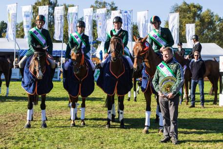 Team Ireland. Boekelo 2015 Winners. Left to right: Jonty Evans - Cooleys Rorkes Drift, Cathal Daniels - Rioghan Rua, Padraig McCarthy - Simon Porloe, Joseph Murphy - Westwinds Hercules, Chef d'equipe Nick Turner