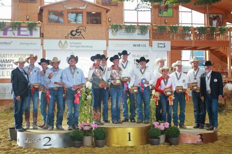 2016 FEI World Reining Championships for Seniors Team Podium (from left to right team Germany silver, team Belgium gold, team Austria bronze). (FEI/Andrea Bonaga)