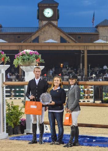 Richie Moloney and Holly Shepherd accept their “Best Presented Horse” prizes from Alex West of Equis Boutique during Tryon Fall 6.