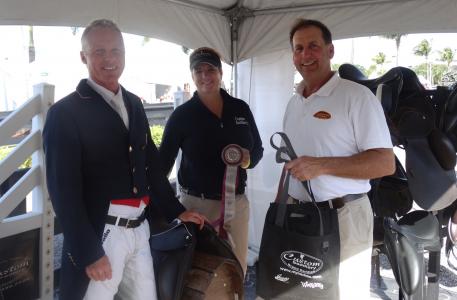 Jan Ebeling receiving the Custom Saddlery MVR Award with Frank Tobias during week five of the Adequan Global Dressage Festival