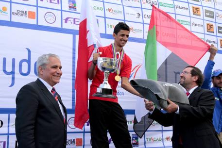 Winner of the FEI World Endurance™ Young Rider's Chile 2015 was Al Khatri Fahad Helal Mohammed, left is FEI President Ingmar De Vos, and the Director of the Chilean Endurance Federation