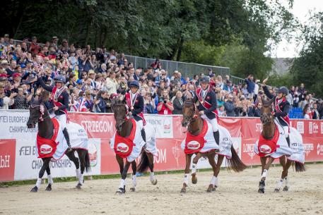 Team Gold Medalists Great Britain (L-R) Nicola Wilson & Bulana, Rosalind Canter & Allstar B, Oliver Townend & Cooley SRS and Kristina Cook & Billy the Red take a lap of honour - FEI European Eventing Championships - Strzegom, Poland - 20 August 2017