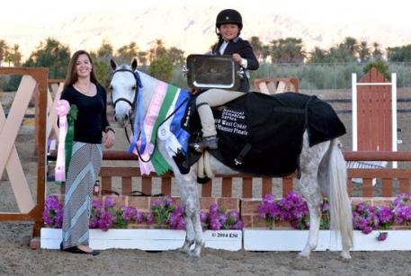 Asia Manning of HITS presents Augusta Iwasaki and Bit of Laughter with the $3,000 West Coast Pony Hunter Final awards, including the Cymraeg Rainshower Memorial Trophy.  (C) ESI Photography