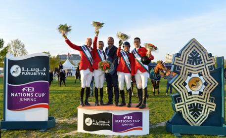 The winning Belgian team at the Furusiyya FEI Nations Cup™ Jumping 2015 Europe Division 2 leg at Odense, Denmark today: (L to R) Jeromy Guery, Wilm Vermeir, Chef d’Equipe Maurice van Roosbroeck, Catherine von Roosbroeck and Gilles Dunon. (FEI/Annette Boe Østergaard)