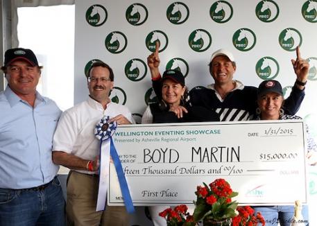 Boyd Martin (center) with Mark Bellissimo, Lew Bleiweis, Executive Director of Asheville Regional Airport, and two owners of the Trading Aces syndicate. Photo copyright SusanJStickle.com