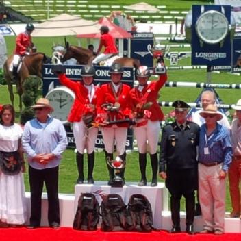 The Canadian flag waved above all three spots on the podium on April 26 after Canadians, Elizabeth Gingras, Kara Chad, and Erynn Ballard swept the $2,250,000 MXN Veracruz Grand Prix on the final day of the CSIO 4* Coapexpan in Mexico. Photo Credit: Equine Canada 