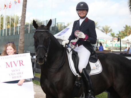 : Charlotte Jorst (right), riding Kastel’s Adventure, won the Custom Saddlery MVR Award at the Adequan Global Dressage Festival 