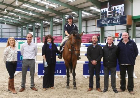 Pictured at the test day for Emerald International Equestrian Centre in Co Kildare were from left, Pippa McDonald-Clinch (show director), Michael Buckley (project manager at Emerald), Caroline Teltsch (event manager), show jumper Tholm Keane on Delano W, James Buckley (managing director), Noel Buckley (director) and Noel Boyle (event director). Photo by Laurence dunne Jumpinaction.net