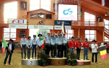 The Junior Team podium at the FEI European Reining Championships for Juniors and Young Riders 2015 at Givrins, Switzerland (L to R): the silver medallists from Italy, gold medallists from Germany and bronze medallists from Belgium. (FEI/Andrea Bonaga)