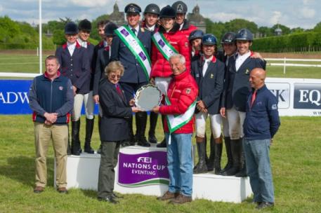 Germany wins leg three of FEI Nations Cup™ Eventing 2015 (centre), with Great Britain (left) placing second and France third at the beautiful and historic Houghton Hall (GBR). (Trevor Holt/FEI)