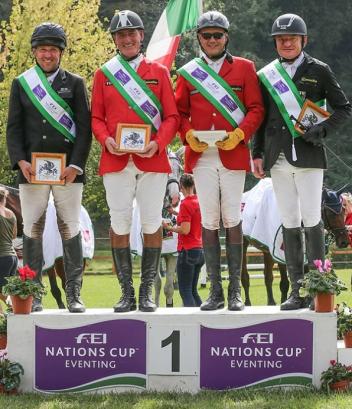 (left to right) Team Germany’s Robert Sirch, Jörg Kurbel, Bodo Battenberg and Wolf Dieter-Eckl scored the victory in Montelibretti (ITA) at the weekend to put Germany back in the lead of the FEI Nations Cup™ Eventing 2014. All eyes are now on the final two legs of the series in Waregem (BEL) this coming weekend and Boekelo (NED) on 9-12 October. (Massimo Argenziano/FEI)