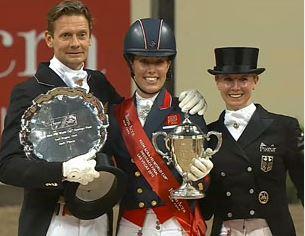 The 2015 World Cup Finals' podium: Edward Gal, Charlotte Dujardin, Jessica von Bredow-Werndl