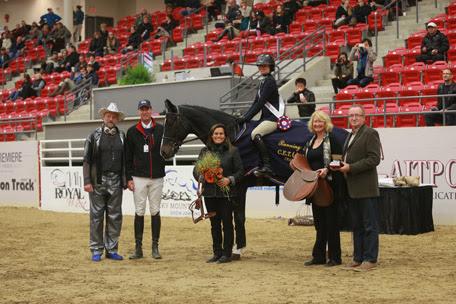 Haley Stradling of Aldergrove, B.C., emerged the winner of the Running Fox CET Medal Final on Thursday, October 30, 2014 at the inaugural Royal West Tournament, in Calgary, AB. (left to right- Pedro Cebulka, John Anderson, Laura Balisky, Haley Stradling, Debra Smith and John Taylor). Photo by Anna Skripets