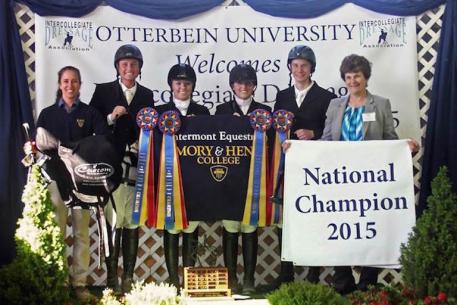The winning team at the 2015 IDA National Championships - Emory & Henry College was thrilled to be awarded with saddles from Custom Saddlery. (L-R): Emory & Henry Dressage Team Coach and Equestrian Center Director, Lisa Moosmueller-Terry; Nicholas Martino; Bailey Halverson; Karissa Donohue; Elijah Worth-Jones; and IDA President, Beth Beukema (Photo: Emory & Henry College)