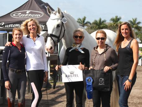 Janne Rumbough and Junior receive the ShowChic Turnout Award at the 2015 Adequan Global Dressage Festival (left to right: Kastel Denmark’s sponsored rider Lauren Knopp, Charlotte Jorst of Kastel Denmark, Janne Rumbough, Michele Hundt of ShowChic, and Krystalann Shingler of ShowChic)