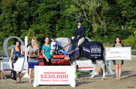Alyssa Filipe and Emily Smith of Platinum Performance are joined by Asia Manning and Lindsay Yandon of HITS to present top honors, including a Horseware Ireland cooler and $75,000 winner's check to Kimberly Maloomian and Urlala. ©ESI Photography