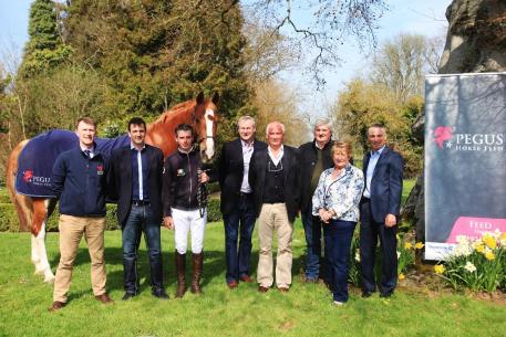 From left: Declan Cullen (Pegus Horse Feed), Peter Smyth (L.S.T Champion 2014), Edward Butler, (Show Jumper) Christy Murphy (Leinster SJI), David Stone (Pegus Horse Feed), Brendan Murphy (Leinster SJI) , Mary Mahon (Leinster SJI) and Taylor Vard (Pegus LST Chairman), at the launch of the Pegus L.S.T [1.35M] at Killashee House. Photo by Laurence Dunne Jumpinaction.net