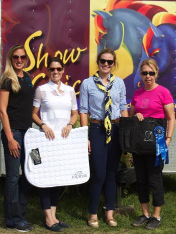 Mattie Zepernick and Wencenza win the final ShowChic Turnout Award of the 2015 AGDF. From left to right: Krystalanne Shingler of ShowChic, Kelly Molinari of Equiline, Mattie Zepernick, and Michele Hundt of ShowChic.