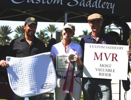 Mike Rucci of Custom Saddlery, MVR winner Shelley Van den Neste, and Charlie Tota of the Dressage Connection