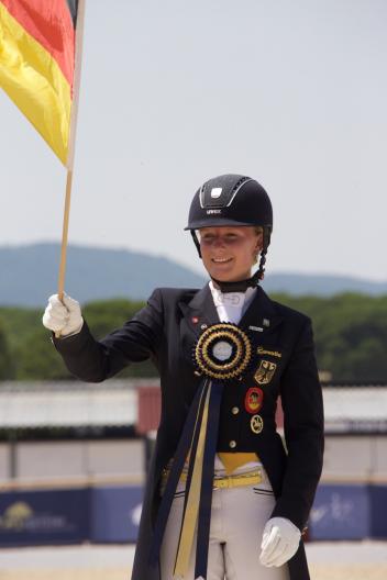 Germany’s Bianca Nowag took Young Riders Team and Freestyle gold along with Individual silver at the FEI European Dressage Championships for Young Riders, Juniors and Children 2015 in Vidauban, France. (FEI/Rui Pedro Godinho) 