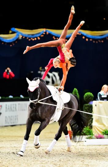 Austria’s pas-de-deux dynamo Stefanie Millinger and Evelyn Freund won today’s opening qualifier of the FEI World Cup™ Vaulting 2014/15 in Munich. (Daniel Kaiser/FEI)