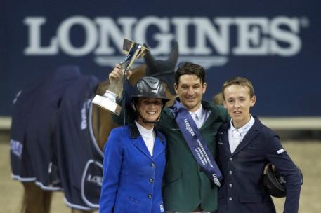 On the podium at the Longines FEI World Cup™ Jumping 2015 Final in Las Vegas, USA today (L to R) runner-up Penelope Leprevost from France, winner Steve Guerdat from Switzerland and third-placed Bertram Allen from Ireland. (FEI/Dirk Caremans)