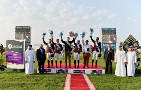 Pictured at the Furusiyya FEI Nations Cup™ Jumping 2015 qualifier in Abu Dhabi, UAE today (L to R) : Faisal Al Ali, Vice-President Emirates Equestrian Federation, Patrick Aoun, Brand Manager Longines, winning Qatari team members Ali Yousef Al Rumaihi and Khalid Al Emadi, Chef d’Equipe Willem Meeus, team member Bassem Hassan Mohammed, coach Jan Tops and team member Sheikh Ali Bin Khalid Al Thani, Stephan Ellenbruch, Foreign Judge, Saeed Mohammad Bin Hofaan Al Mansouri, Ghantoot Racing and Polo Club and Ahmad