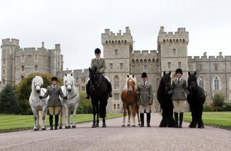 Horses from left to right: Alpine, MMangily George (named after Her Majesty the Queen’s Father), Anson, Dawn and Emma (Her Majesty The Queen's Riding Pony) Grooms from left to right: Harriet White, Zoe McDonald, Christopher Allen and Sadie Henderson