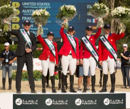 Team USA won the Challenge Cup at the Furusiyya FEI Nations Cup™ Jumping Final 2014 in Barcelona, Spain today (L to R) Chef d'Equipe Robert Ridland with Margie Engle, Beezie Madden, Lauren Hough and McLain Ward. (FEI/Dirk Caremans)