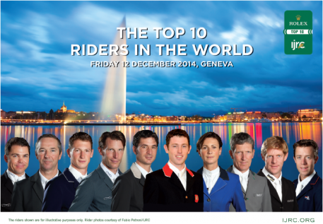 The 10 riders who qualified for the 2014 Rolex IJRC Top 10 Final title in Geneva, Switzerland, from left to right: Kent Farrington (USA), Patrice Delaveau (FRA), Daniel Deusseur (GER), Kevin Staut (FRA), Steve Guerdat (SUI), Scott Brash (GBR), Penelope Leprovost (FRA), Ludger Beerbaum (GER), Marcus Ehning (GER), Mikael van der Vluten (NED). Photo by Fabio Petroni/URC