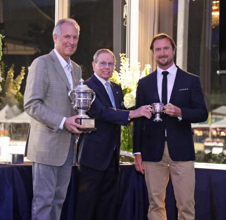 USET Foundation Vice President, Jim McNerney and Chairman, Brownlee O. Currey, presented Chester Weber with the 2015 Whitney Stone Cup Photo Credit: Emily Riden  